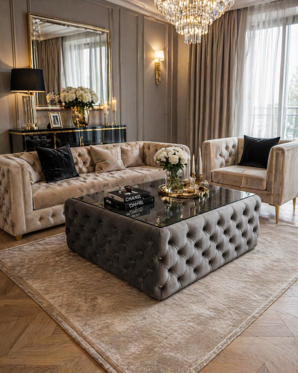 Stolik kawowy Chesterfield BARON- szklany blat,tapicerowany na wymiar-Gutek Home