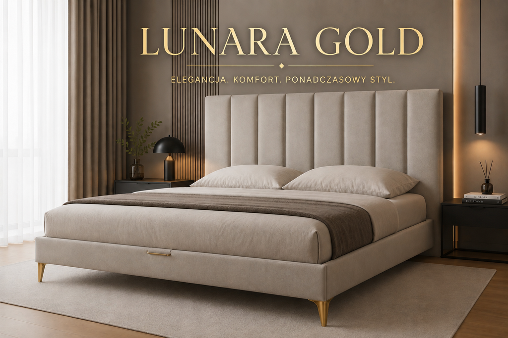 LUNARA GOLD — Tapicerowane łóżko z pojemnikiem